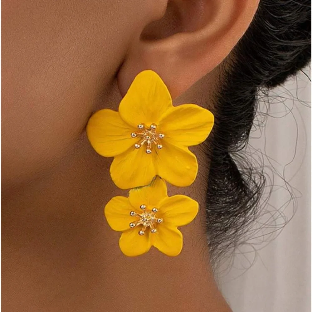 Yellow Double Flower with Gold Center, Boho, Dangle Vacation, Beach Earrings - Picture 1 of 5